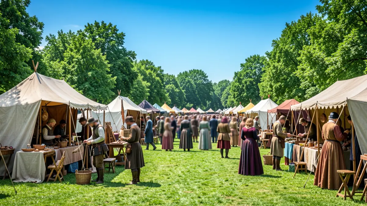 Medieval atmosphere in a park with encampments and artisans in Auderghem.
