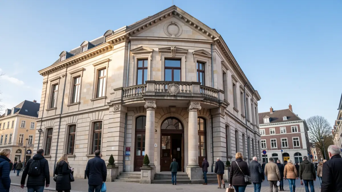 Facade of the Auderghem town hall, a classic stone building with an ornate balcony, under a clear blue sky.