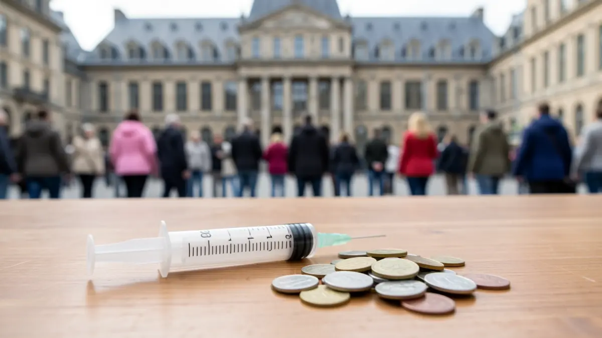 Image générique d'une seringue vétérinaire et de pièces de monnaie sur un bureau, avec un arrière-plan flou d'une façade communale bruxelloise.