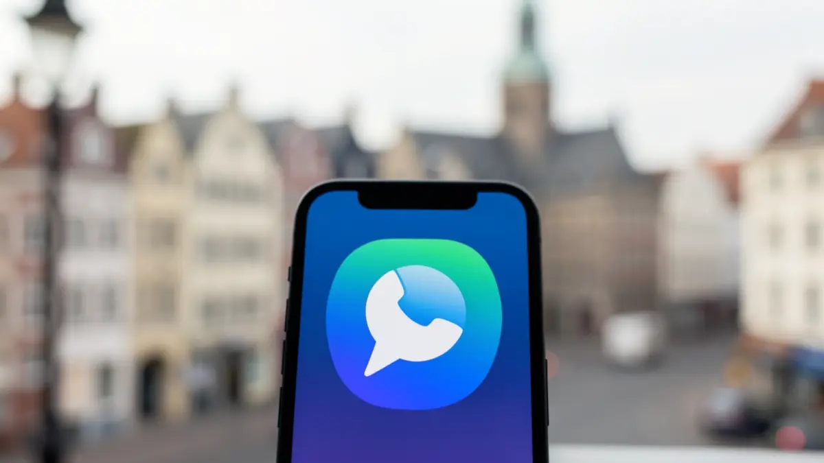 Icône de notification numérique sur un écran de smartphone, avec un paysage urbain bruxellois flou en arrière-plan.