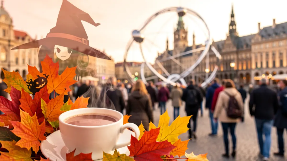 Thematic collage of autumn and Halloween in Brussels featuring cultural elements and fall leaves.