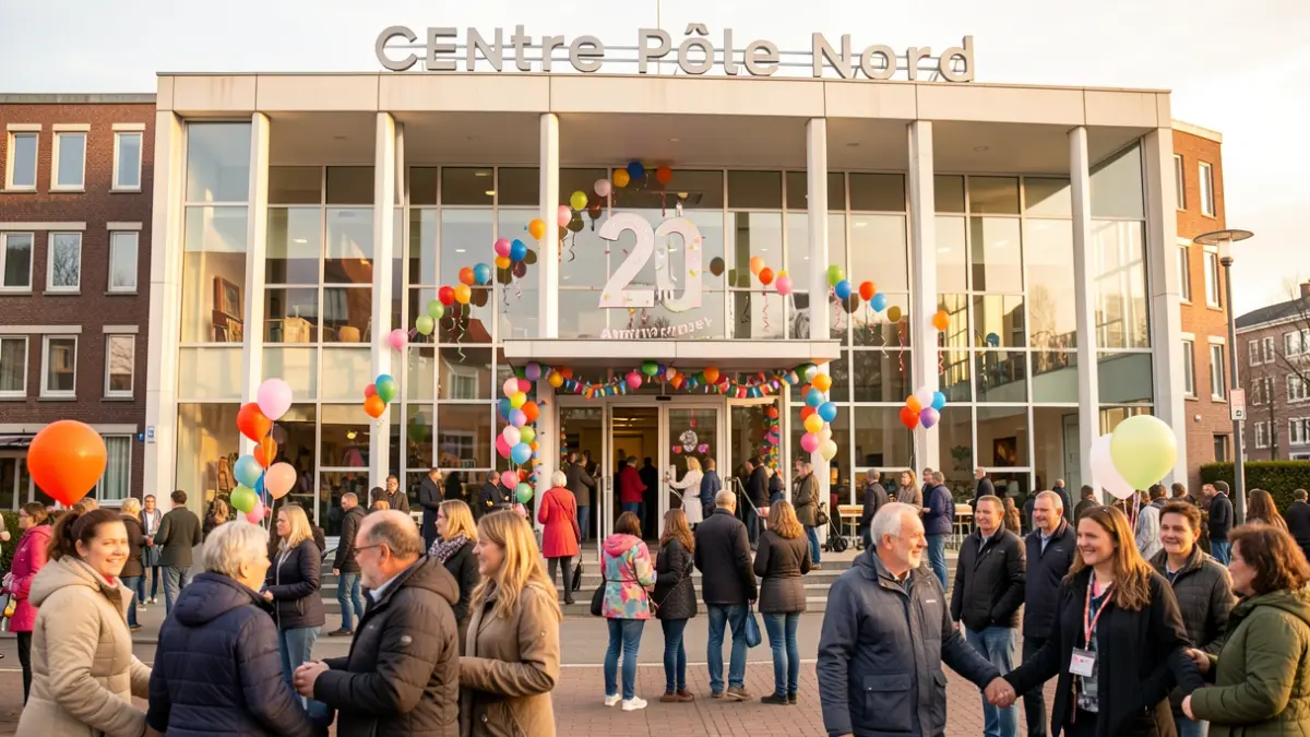 Façade du Centre Pôle Nord à Bruxelles lors de sa fête d'anniversaire des 20 ans, avec des décorations festives et un public diversifié.
