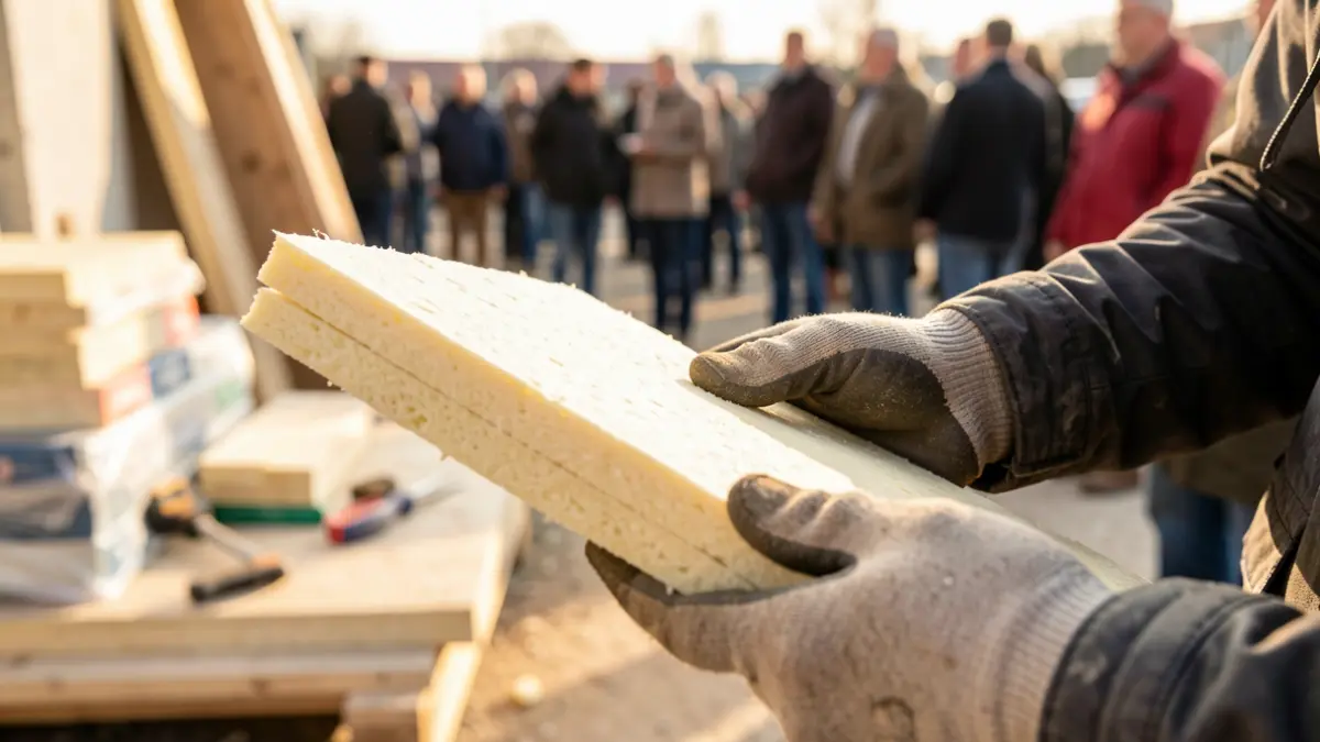 Hands wearing gloves holding insulation material, with blurred tools and building materials in the background.