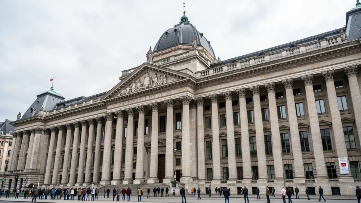 Façade du Palais de Justice de Bruxelles, un bâtiment imposant sous un ciel couvert.