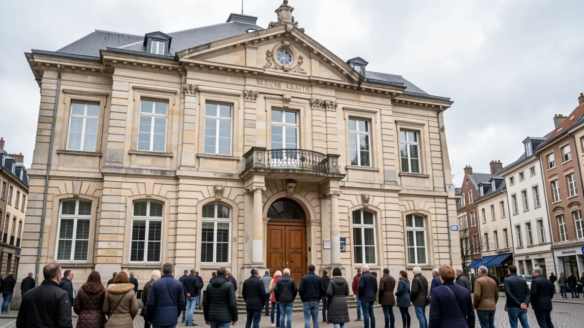 Facade of the Berchem-Sainte-Agathe town hall, a classic stone building with an ornate balcony, under a slightly overcast sky typical of Belgium.