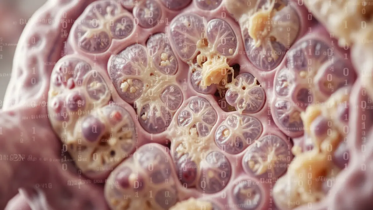 Vue microscopique de cellules acineuses pancréatiques montrant une atrophie progressive et une accumulation de graisse, avec une subtile superposition de motifs de code génétique, représentant une maladie génétique rare affectant le pancréas. Lumière douce et diffuse.