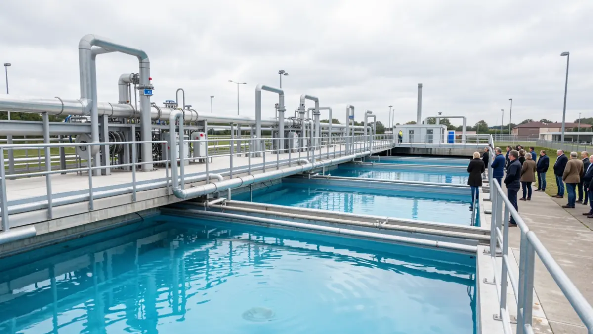 Image générique d'une station d'épuration moderne avec des canaux d'eau bleus et des tuyaux industriels, sous un ciel légèrement couvert.