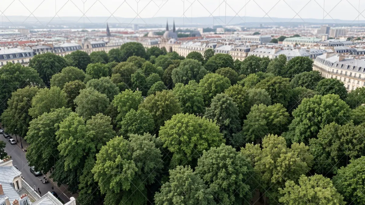 Satellite imagery showing a dense urban canopy with distinct patterns of different tree species, overlaid with a subtle AI-generated grid pattern. European architecture in the background.