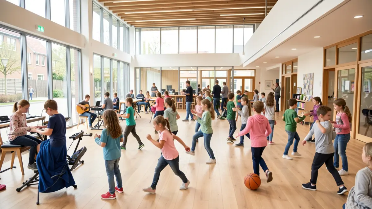 Image générique d'enfants participant à diverses activités extrascolaires dans un centre communautaire à Bruxelles.