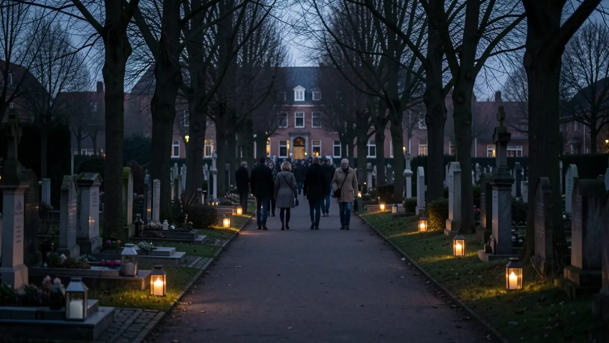 Dimly lit cemetery path in Jette at dusk, with scattered lanterns illuminating gravestones. Atmosphere of reflection.