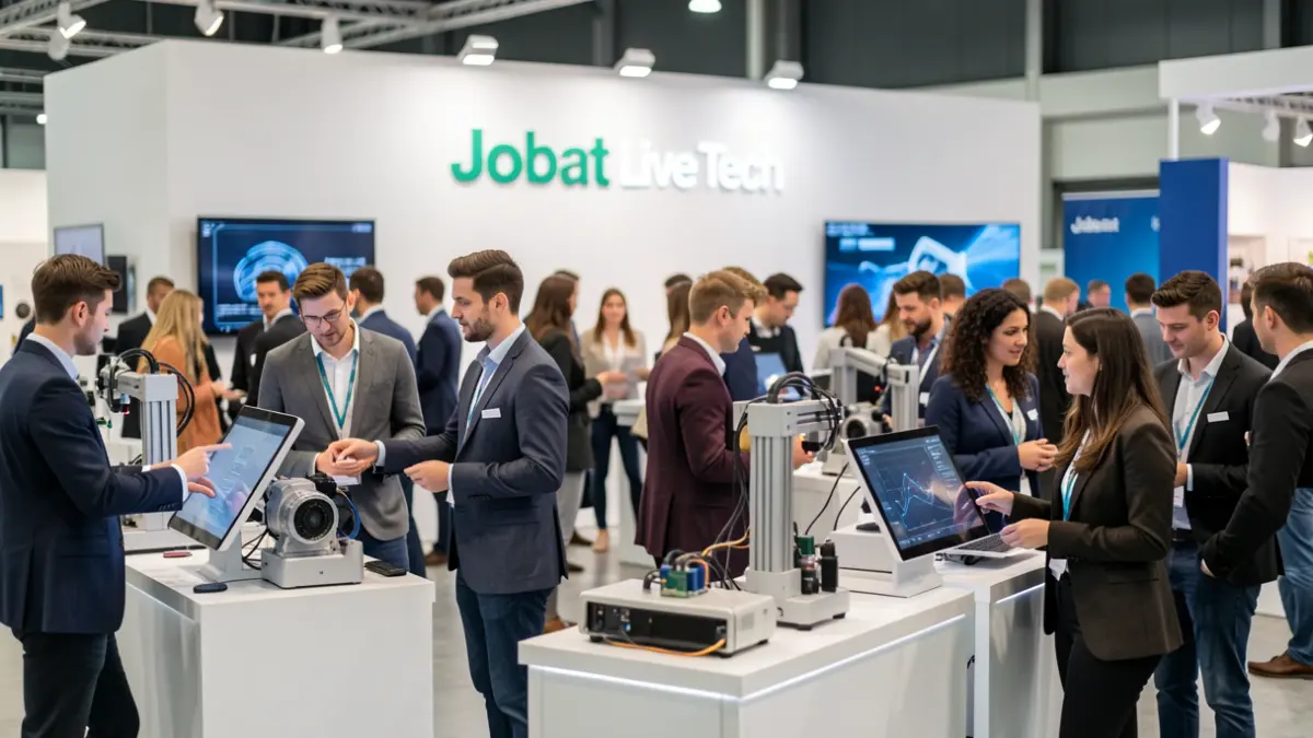Image générique d'un salon technologique interactif à Bruxelles, montrant des démonstrations et des candidats.