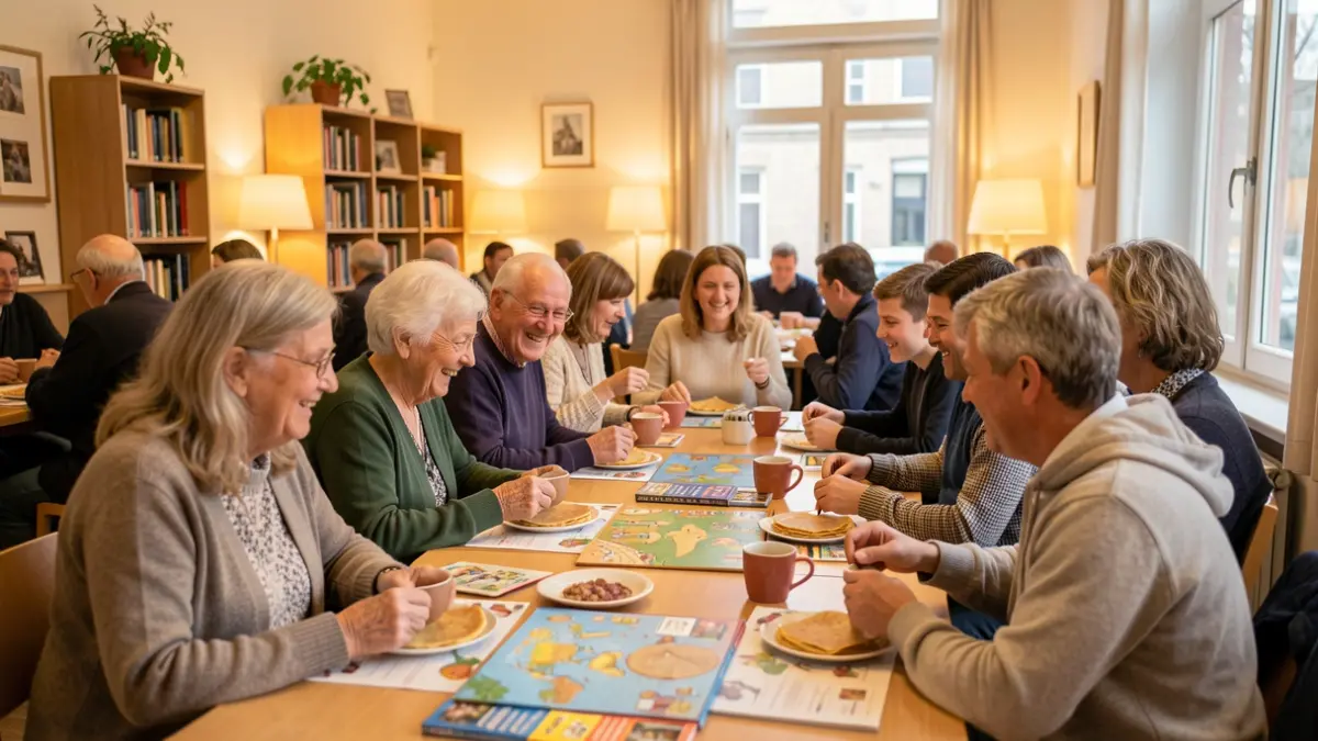 Generic image of a warm intergenerational gathering in a community center in Evere, with seniors and younger people sharing crepes and playing board games.