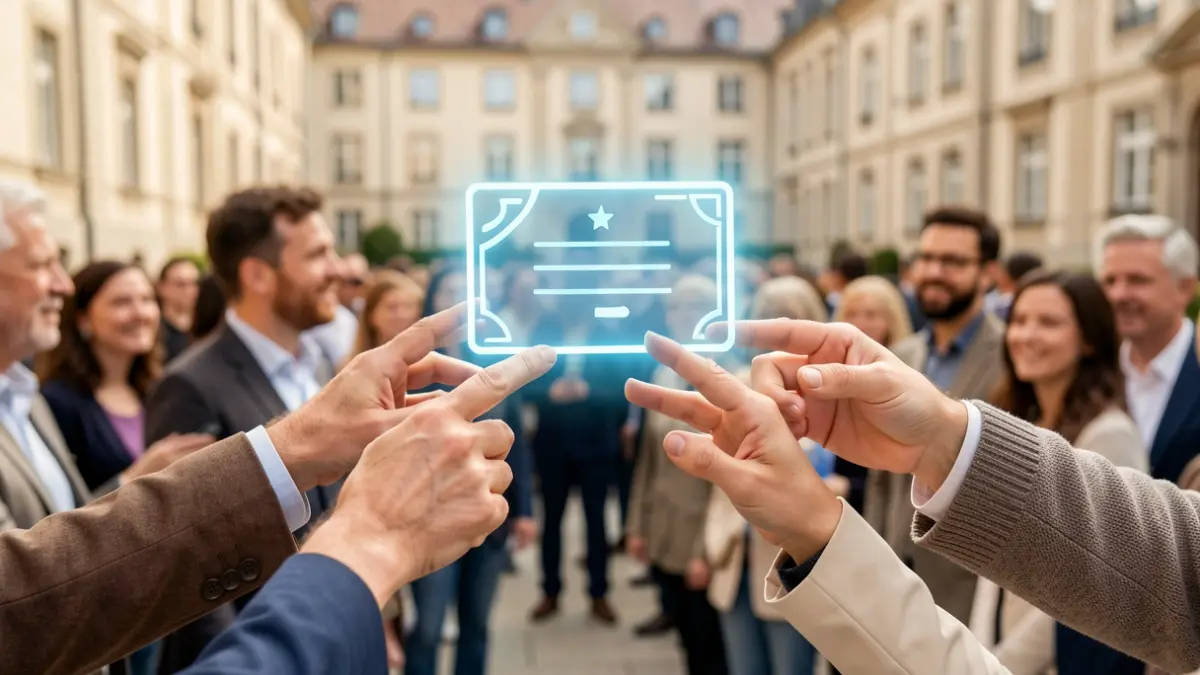 Generic image of diverse hands reaching for a digital certificate, symbolizing university learning.
