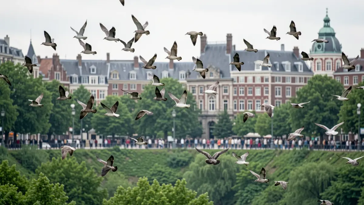 Vue aérienne d'une volée d'oiseaux survolant un paysage urbain bruxellois.