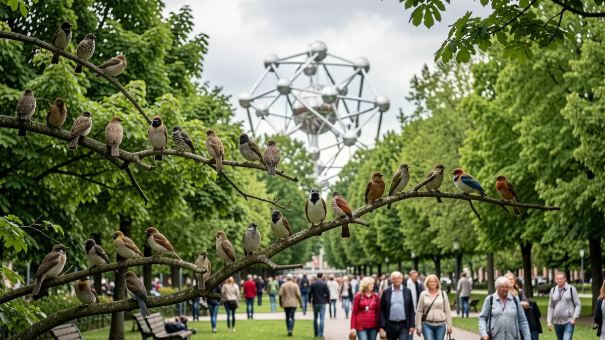 Vue d'une volée d'oiseaux sur des branches dans un parc verdoyant à Bruxelles, avec l'Atomium en arrière-plan sous un ciel couvert.