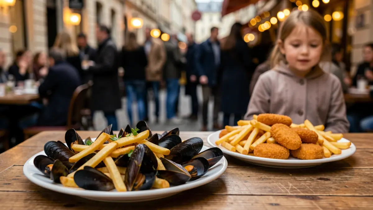 Plate of mussels and fries and a kids' menu at the Mussel Festival in Evere.