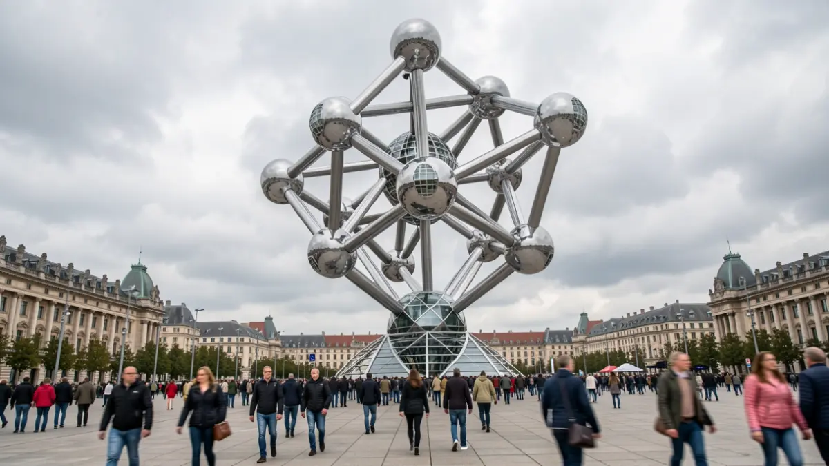 Image de l'Atomium à Bruxelles lors d'un événement scientifique, avec des visiteurs et un ciel couvert.