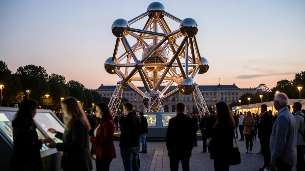 The Atomium illuminated at night, with silhouettes of people discovering interactive science exhibits.