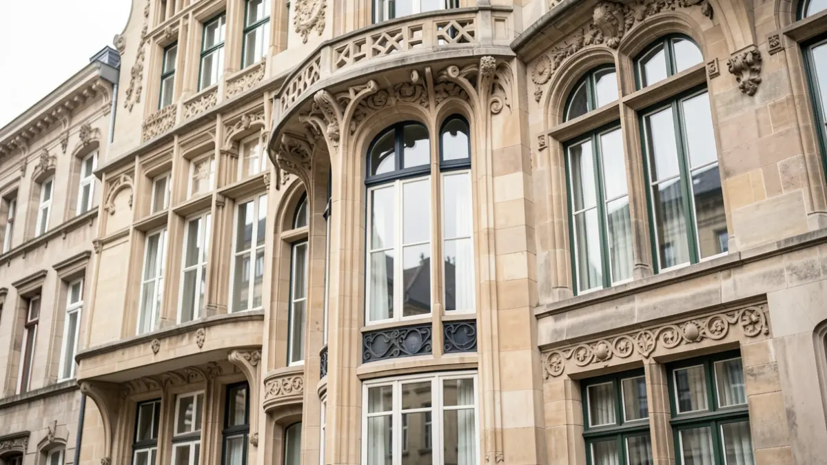 Façade d'un bâtiment Art Nouveau typique de Bruxelles, avec des détails architecturaux complexes et une lumière douce.