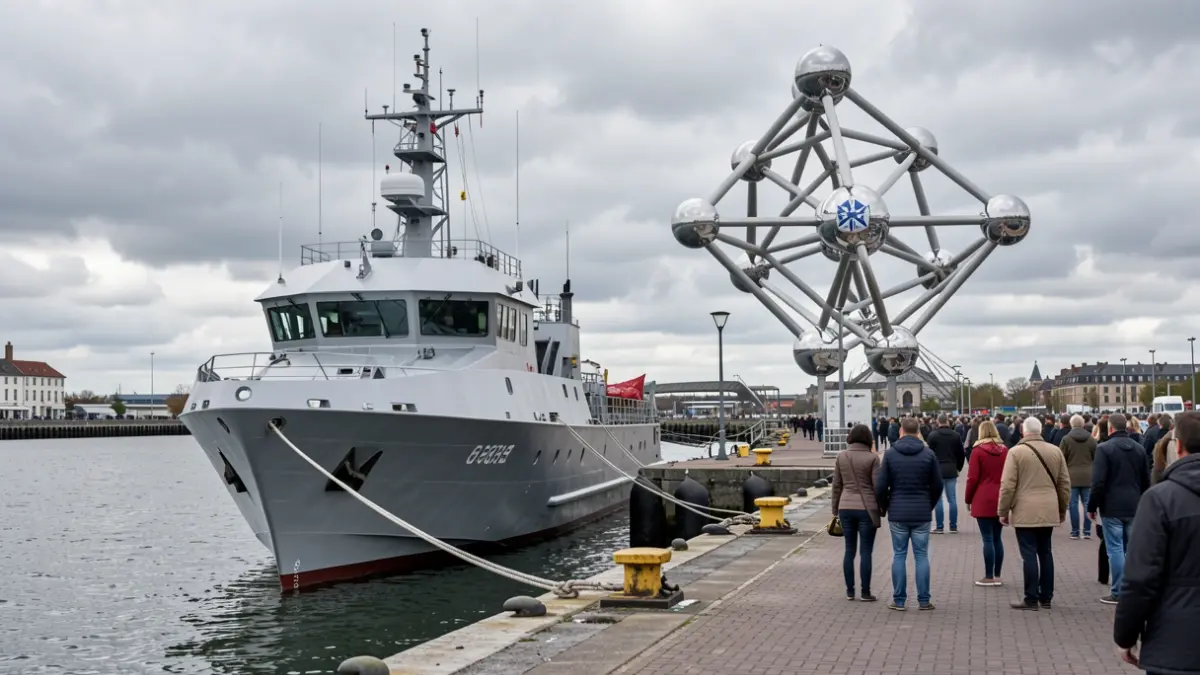 The M941 Tournai mine hunter arriving at Zeebrugge, with the Atomium in the background.