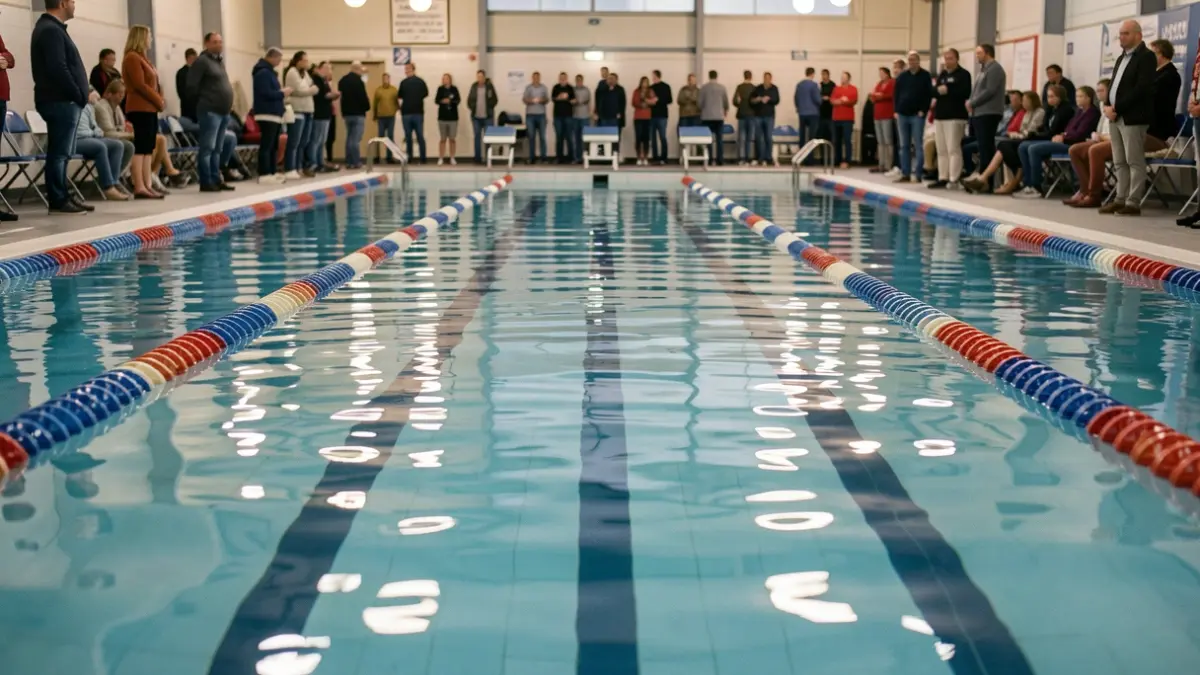 Generic image of a swimming pool lane with lane markers, reflecting light.