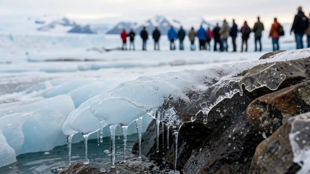 Gros plan sur le bord d'un glacier en train de fondre, avec de l'eau qui s'écoule, montrant la texture de la glace et de la roche, avec un arrière-plan flou d'un vaste paysage glacé sous un ciel tempéré du nord. Style photographie documentaire.
