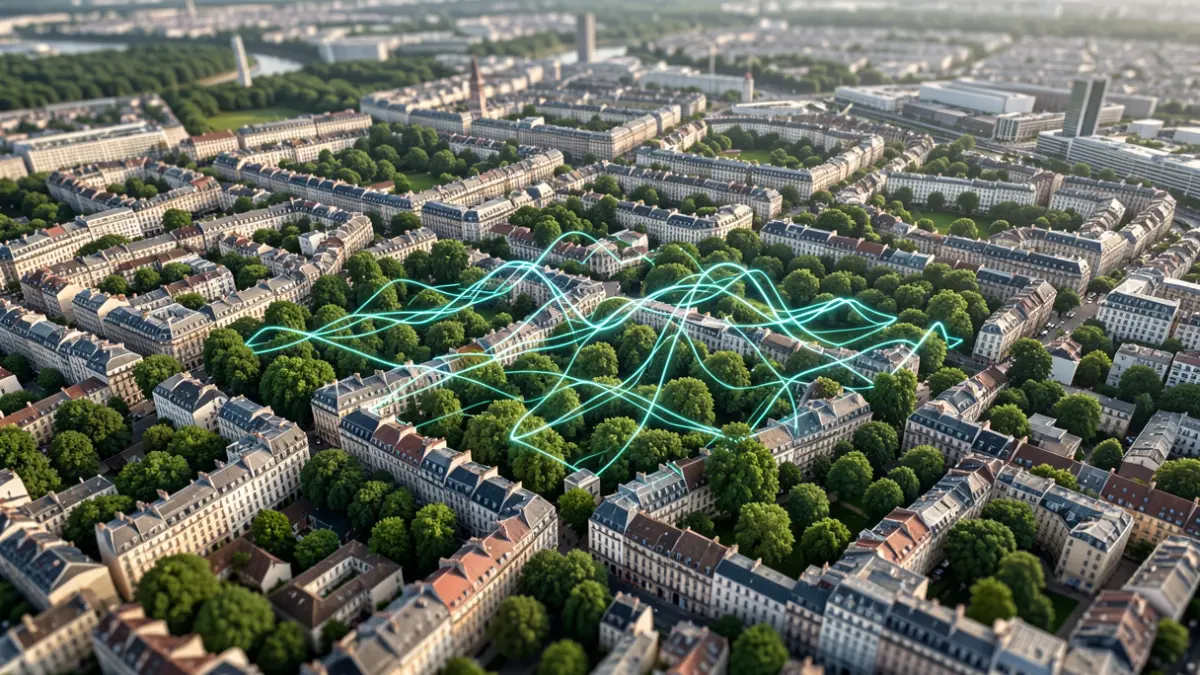 Image satellite d'une zone urbaine dense avec des zones vertes représentant des arbres, analysée par intelligence artificielle pour identifier les espèces.
