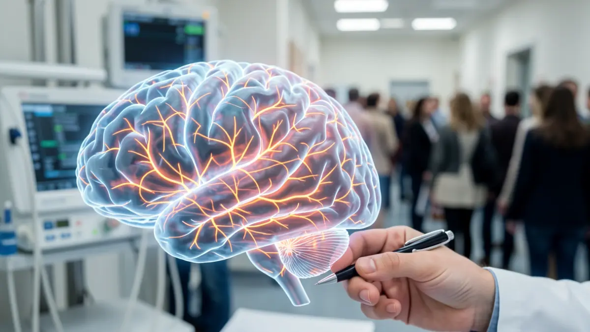 Représentation stylisée d'un cerveau humain avec des connexions neuronales lumineuses, symbolisant la migraine, dans un contexte médical.