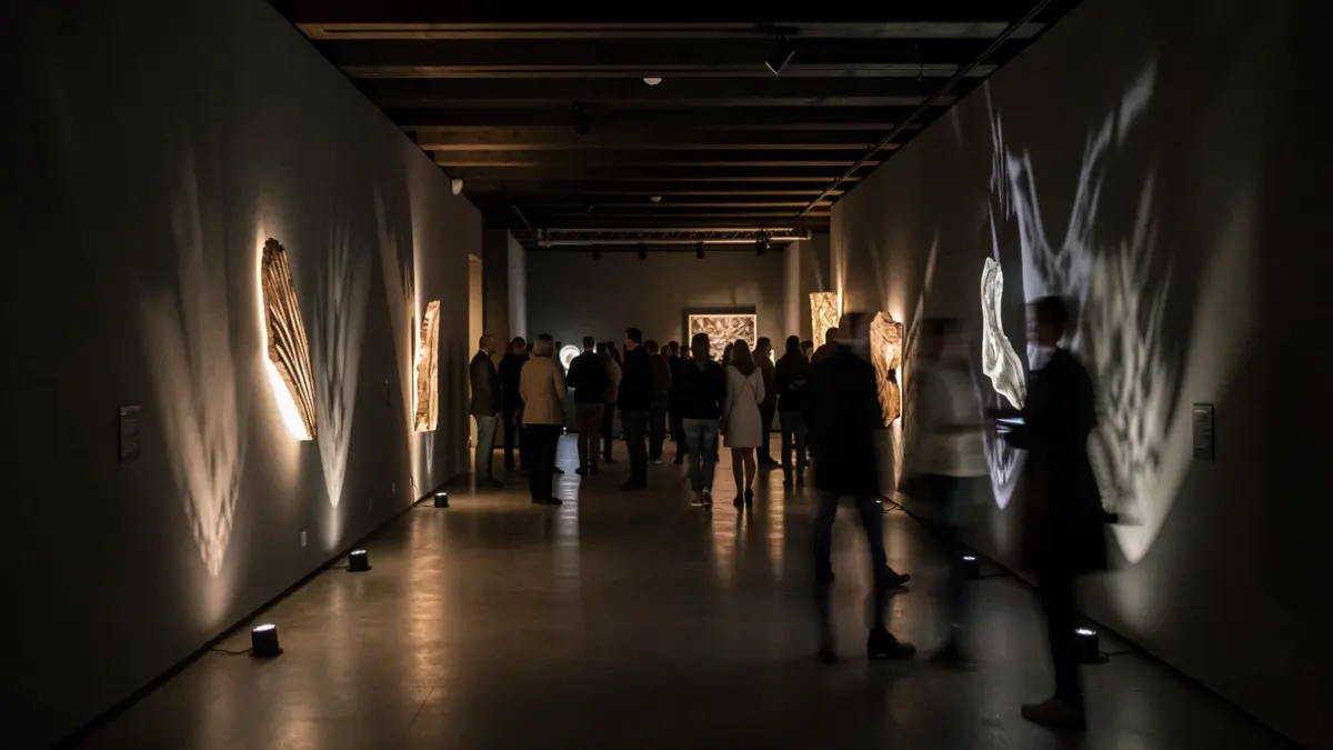 Generic image of a dimly lit museum hall with abstract light installations.