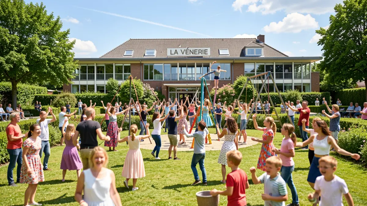 Image générique d'une fête culturelle en plein air avec diverses activités artistiques et une foule joyeuse.