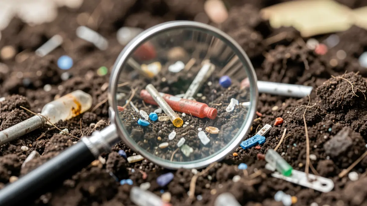 Close-up of contaminated soil with visible pollutants like heavy metals and hydrocarbons, under a magnifying glass, symbolizing analysis and remediation.