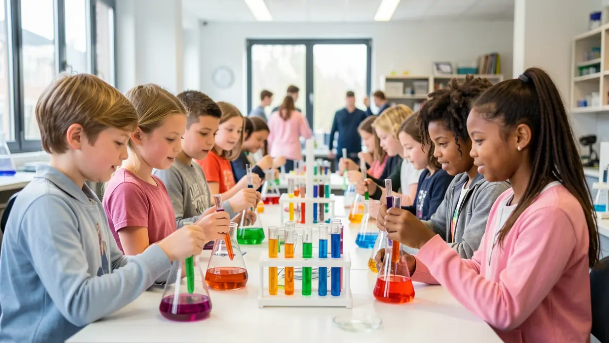 Diverse group of young students engaged in a science experiment in a school laboratory in Brussels.