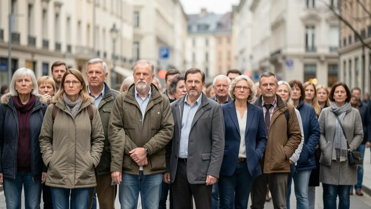 Image générique de personnes en transition vers des services sociaux, avec des bâtiments urbains flous en arrière-plan.