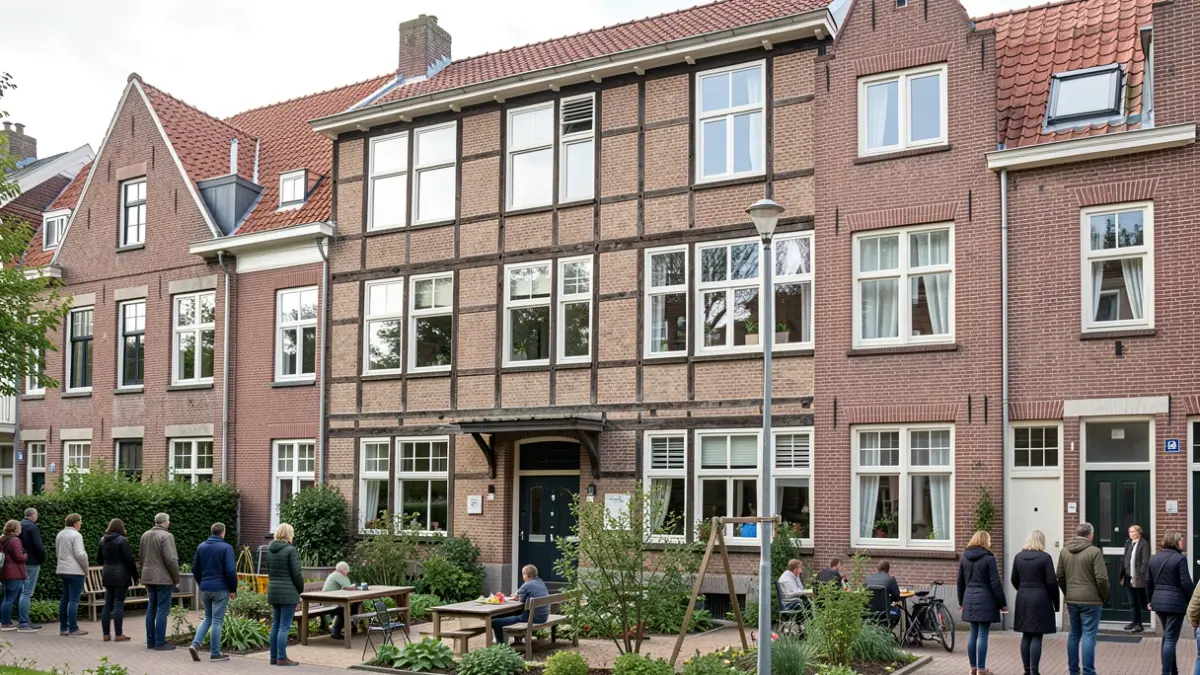 Façade d'un bâtiment ancien rénové à Schaerbeek, intégrant des logements sociaux et des espaces communautaires.