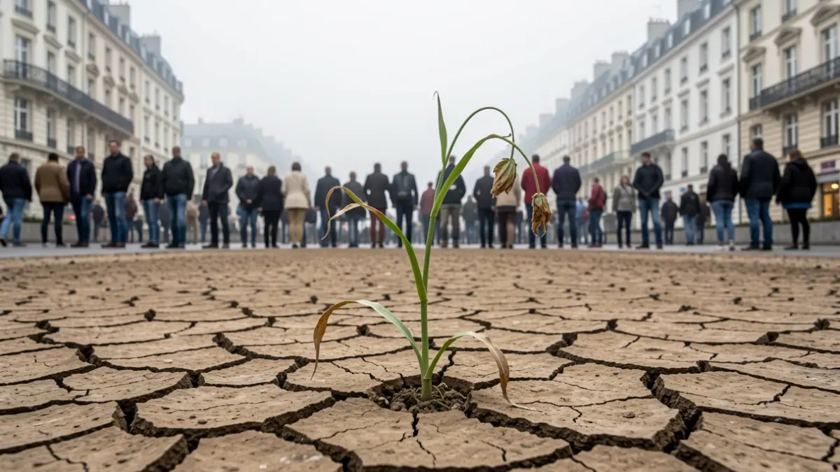 Generic image of cracked earth and a wilting plant under an overcast sky, symbolizing drought.