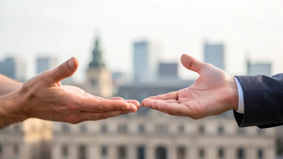 Mains stylisées en dialogue, l'une proposant une solution, sur fond flou de la skyline de Bruxelles. Ton calme et constructif.