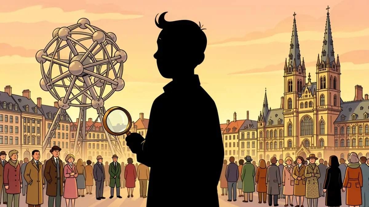 Silhouette de Tintin devant des monuments emblématiques de Bruxelles, style ligne claire d'Hergé.