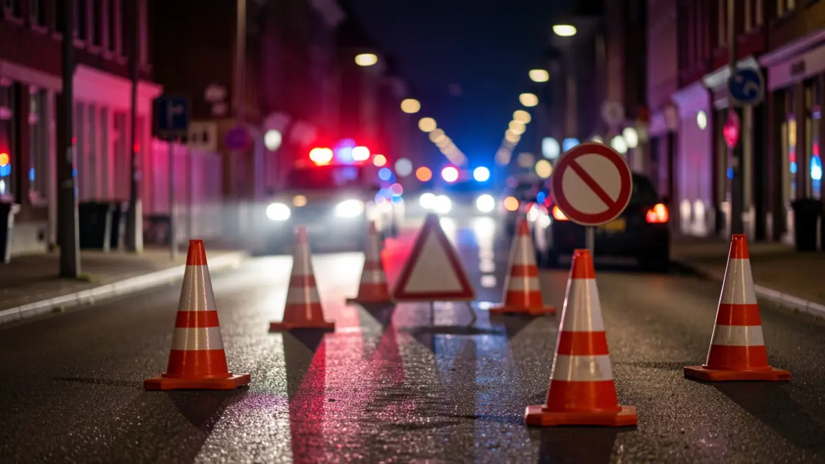 Signalisation de travaux routiers et cônes de circulation sur une route asphaltée mouillée la nuit, avec des gyrophares bleus et rouges flous en arrière-plan.