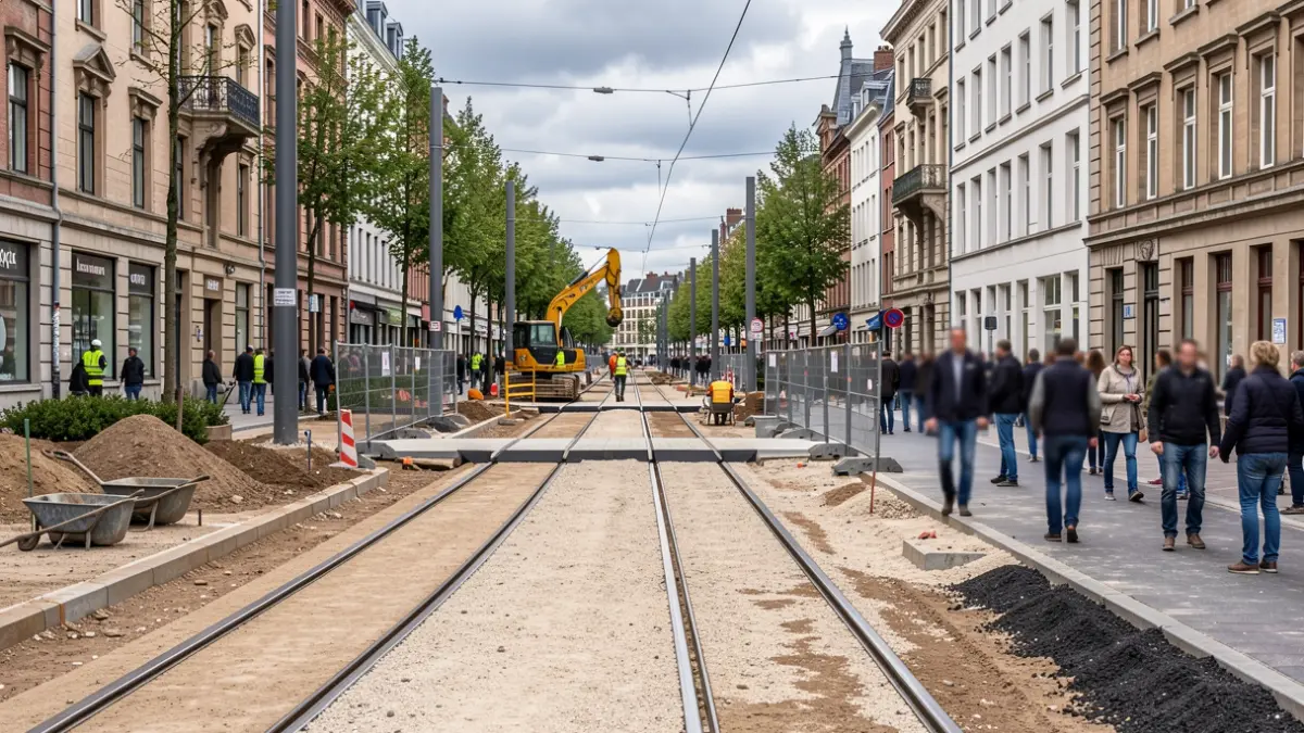Infrastructure and urban development works on Avenue du Roi Albert in Berchem-Sainte-Agathe, including tram track renewal and public space redevelopment.