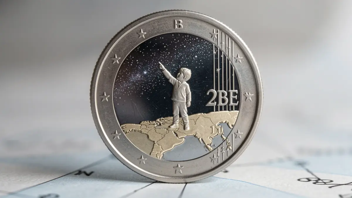 Belgian 2 euro commemorative coin featuring the National Geographic Institute and the Royal Observatory.