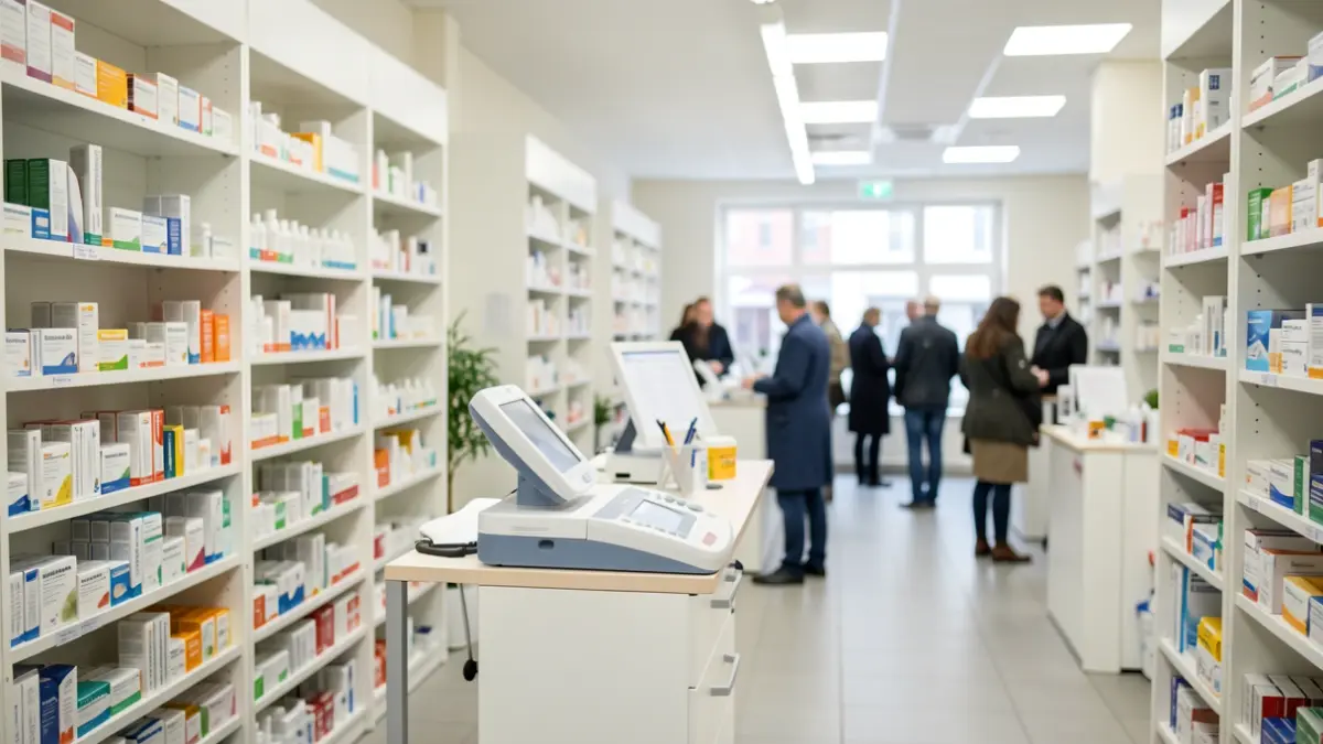 Image générique d'une station de vaccination dans une pharmacie à Bruxelles, avec des étagères de médicaments et un espace dédié aux vaccins.