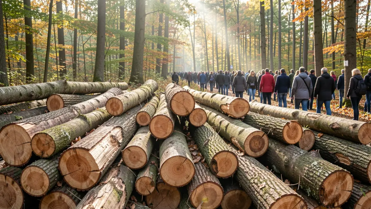 Sale of standing timber in the Zoniënwoud, Brussels-Capital Region. Generic image of cut wood in a forest.