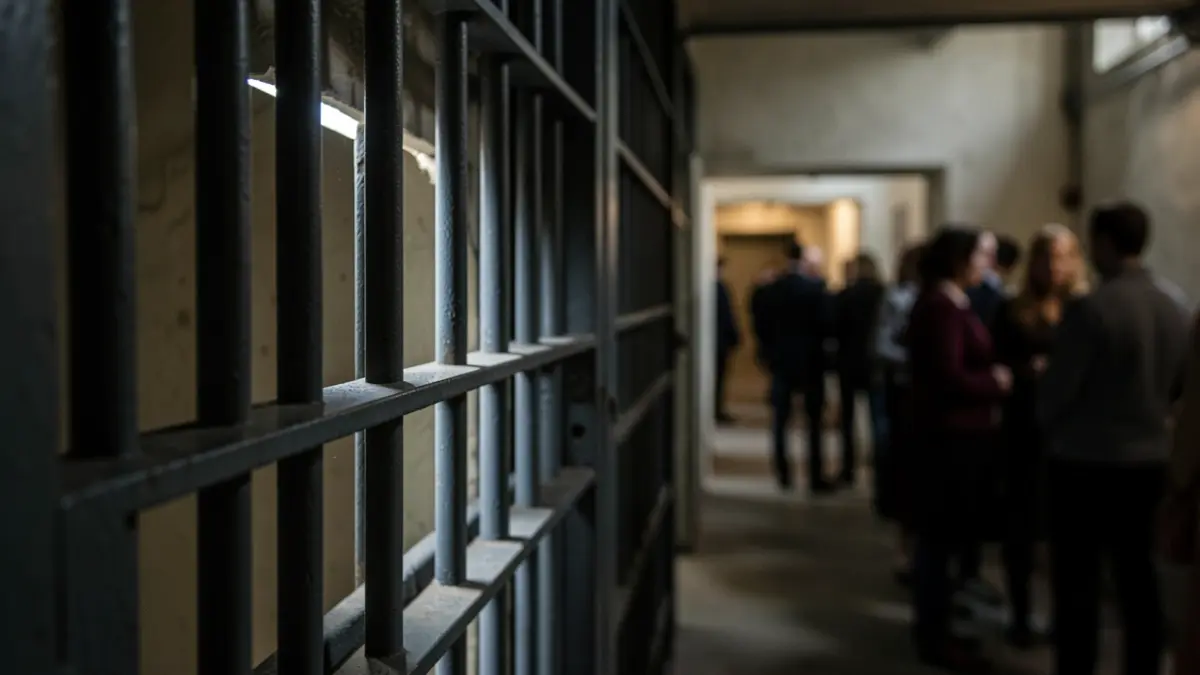 Image générique d'une porte de cellule de prison vue de l'intérieur, avec la lumière filtrant à travers les barreaux.
