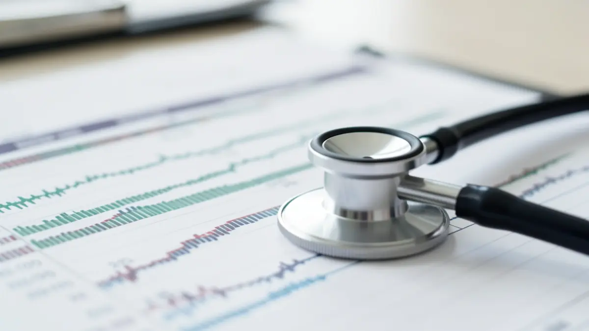 Generic image of a blurred medical chart with genetic sequencing lines and a stethoscope, soft lighting, symbolizing medical research.