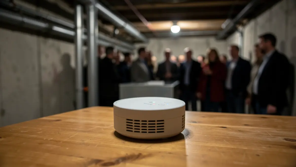 Radon detector in a dark basement.