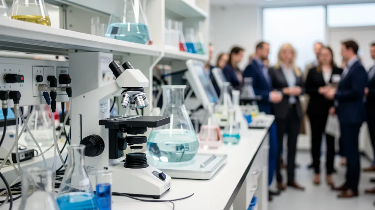 Close-up of a medical research laboratory with advanced equipment, blurred background of scientific instruments and glassware, soft, focused lighting, symbolizing hope and scientific progress in cancer research.