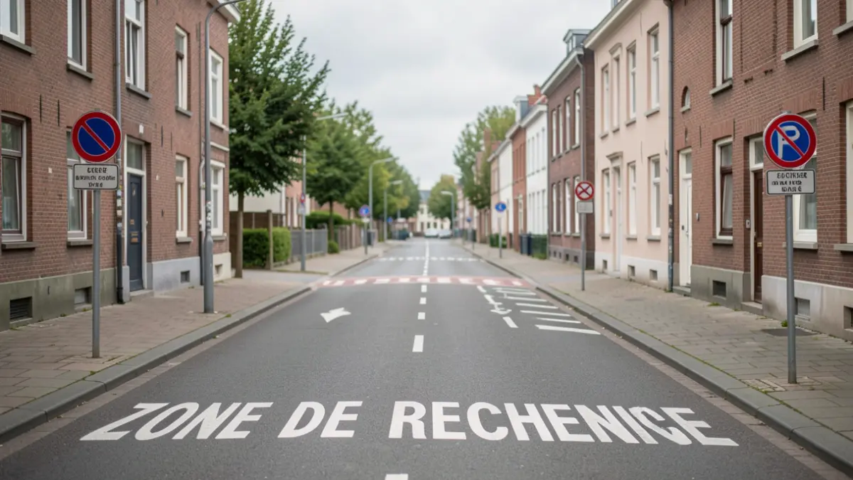 Image générique d'une rue résidentielle à Bruxelles avec des marquages au sol indiquant une zone de rencontre et des panneaux de restriction de stationnement.