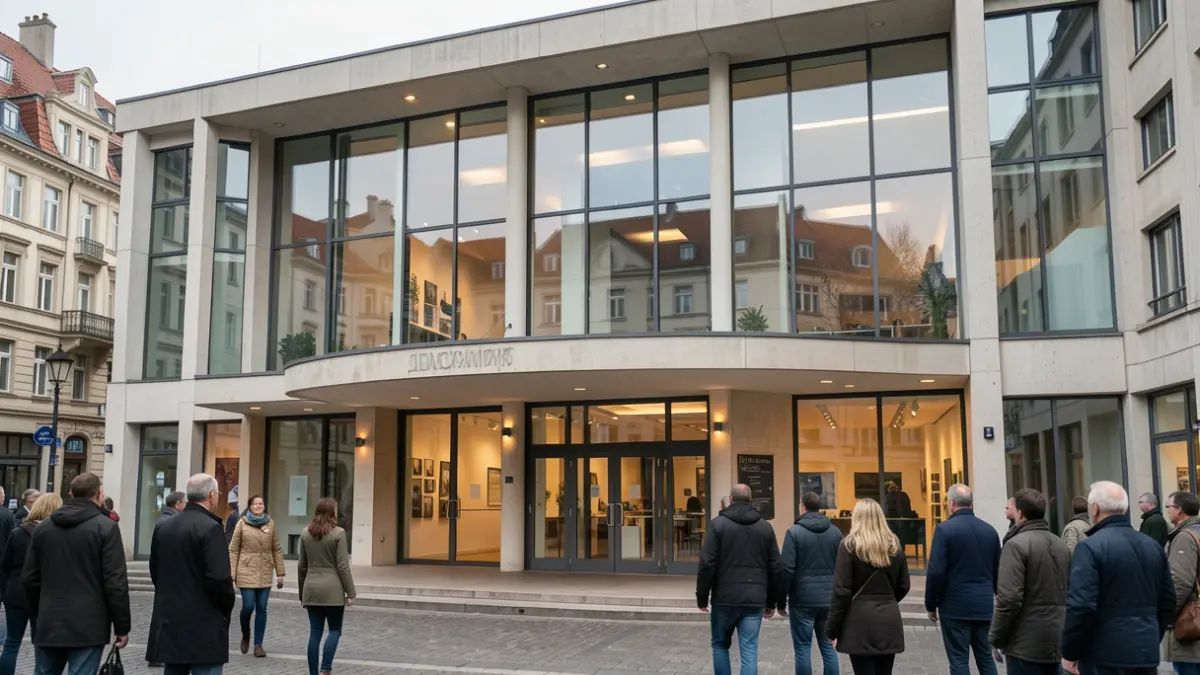 Generic image of the facade of a modern theatre in Brussels, with soft ambient lighting and contemporary architecture.
