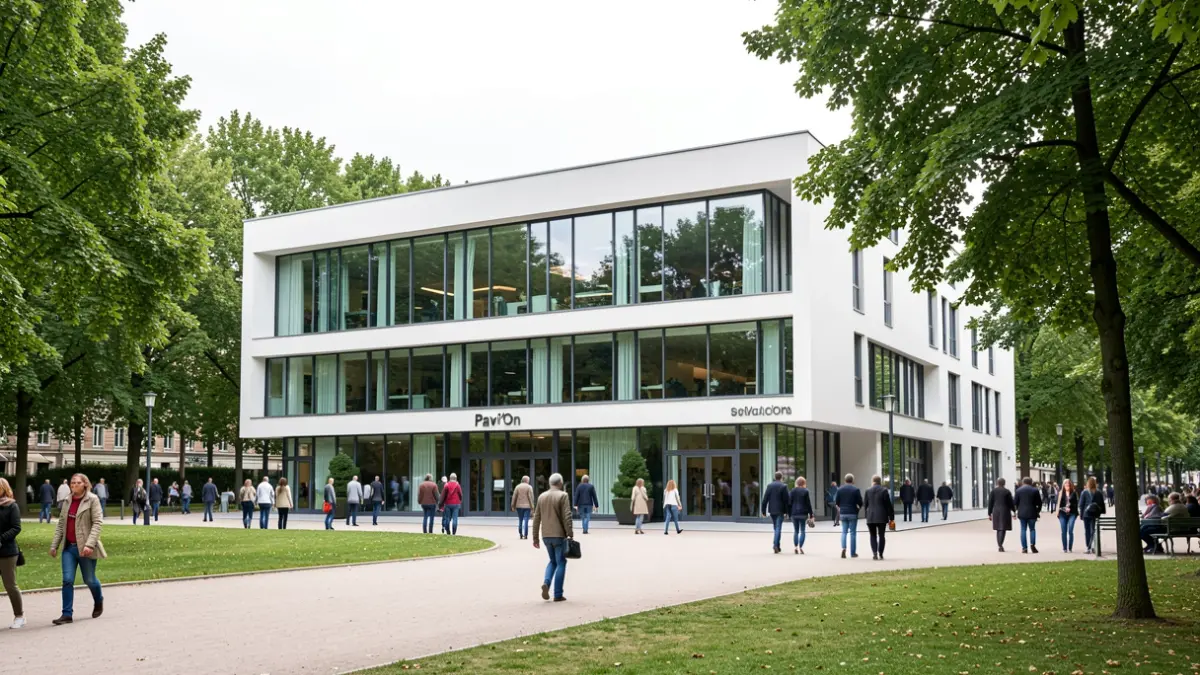 Facade of the Pavi'On, a renovated multipurpose space in the Parc du Cinquantenaire, Brussels.