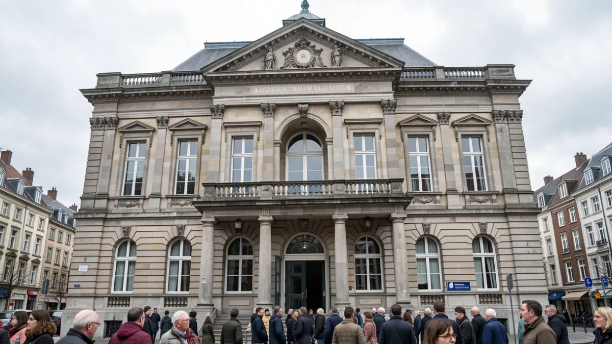 Facade of the Auderghem town hall, a classic stone building with an ornate balcony, under a typical overcast Brussels sky.